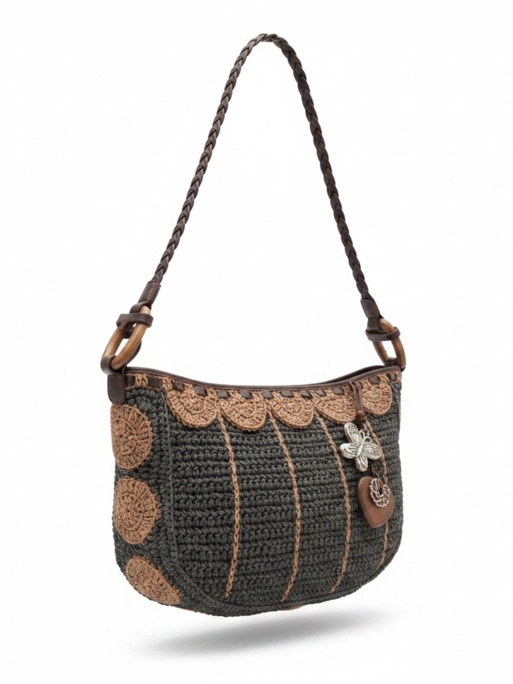 Brighton Boho Crochet Shoulder Bag Braided Strap Wooden Ring Charm Purse Neutral
